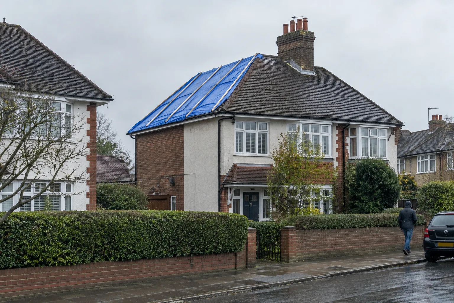 A roof section temporarily covered with a blue tarpaulin