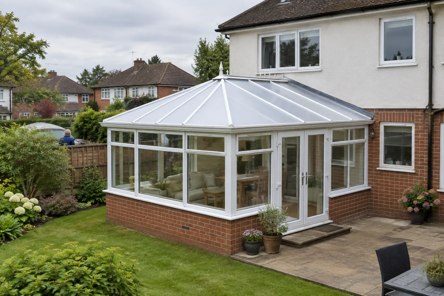 A conservatory with a polycarbonate roof